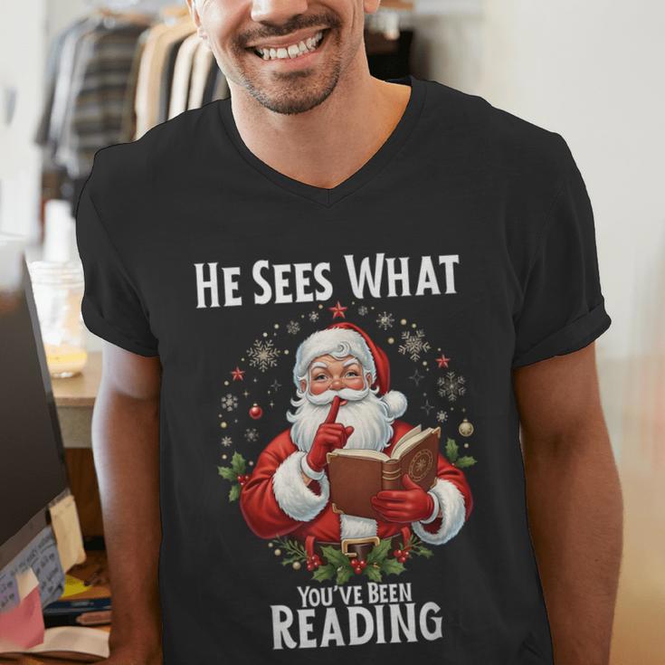 He Sees What You'Ve Been Reading Santa Book Lover For Women Men's V-Neck T-Shirt