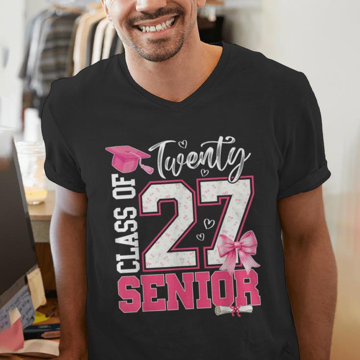 Senior 2027 Class Of 2027 Pink Coquette Bow Graduation Girl Men's V-Neck T-Shirt