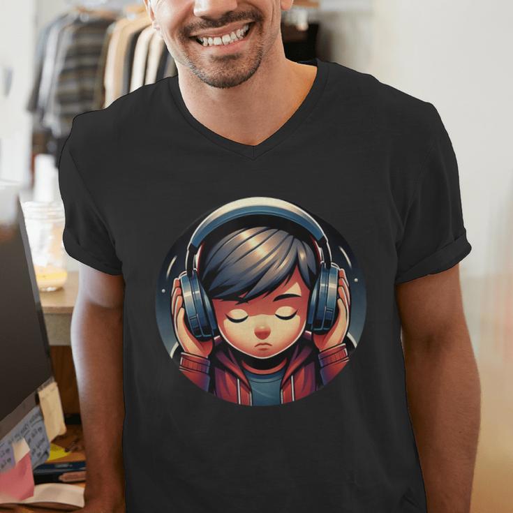 Serene Music Enthusiast With Headphones Introvert Cute Boy Men's V-Neck T-Shirt