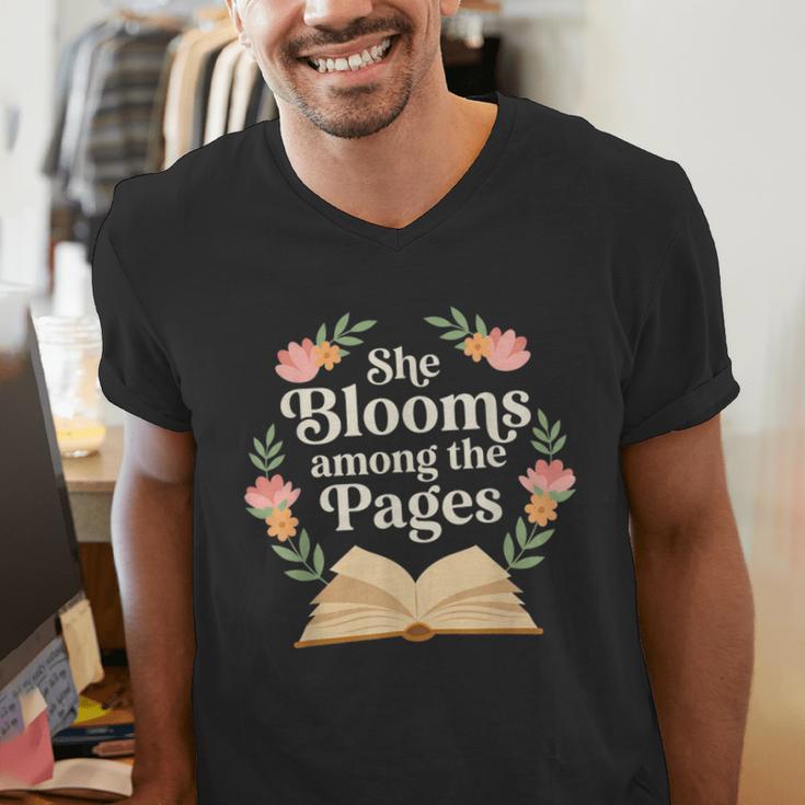 She Blooms Among The Pages Women Mom Wife Floral Book Quote Men's V-Neck T-Shirt She Blooms Among The Pages Women Mom Wife Floral Book Quote Men's V-Neck T-Shirt