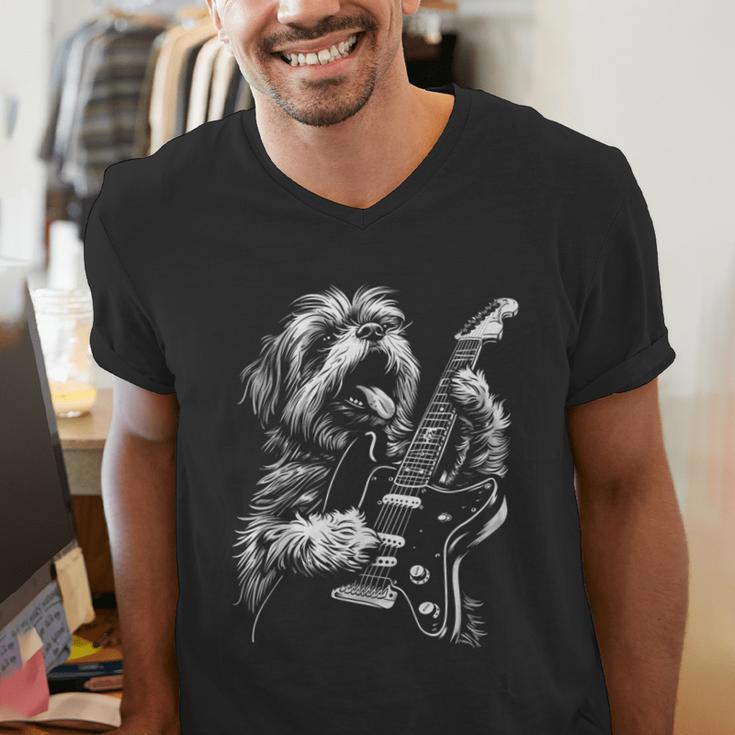 Shih Tzu Dog Playing Electric Guitar Rock Dog Dad Men Women Kids Men's V-Neck T-Shirt