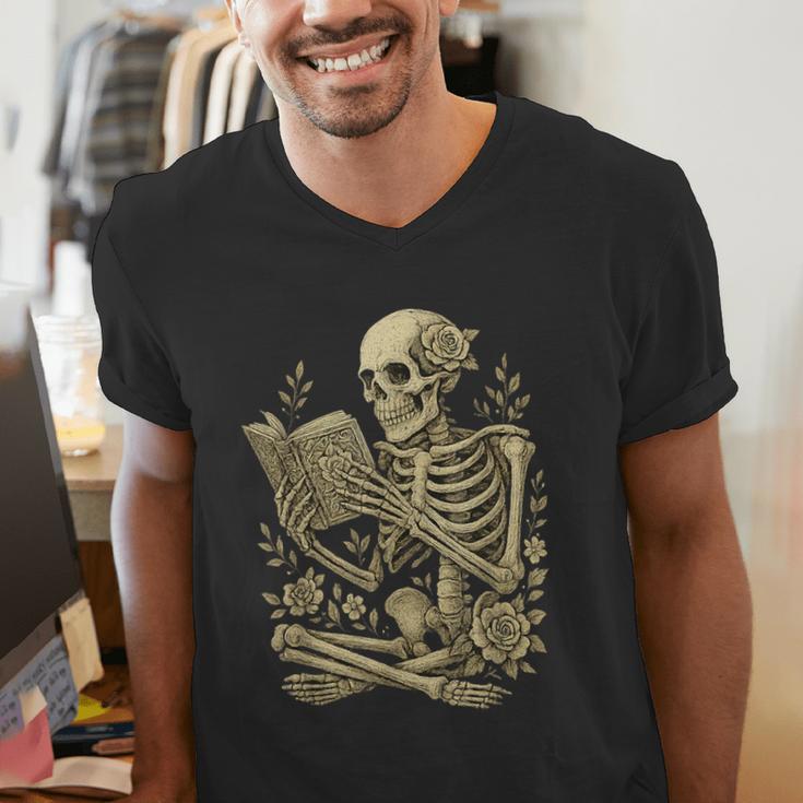 Skeleton Book Floral Skull Halloween Teacher Costume Men's V-Neck T-Shirt Skeleton Book Floral Skull Halloween Teacher Costume Men's V-Neck T-Shirt