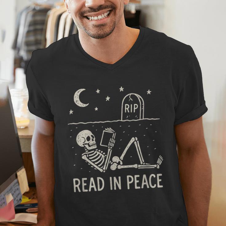 Skeleton Read In Peace Halloween Book Graphic Bookish Men's V-Neck T-Shirt