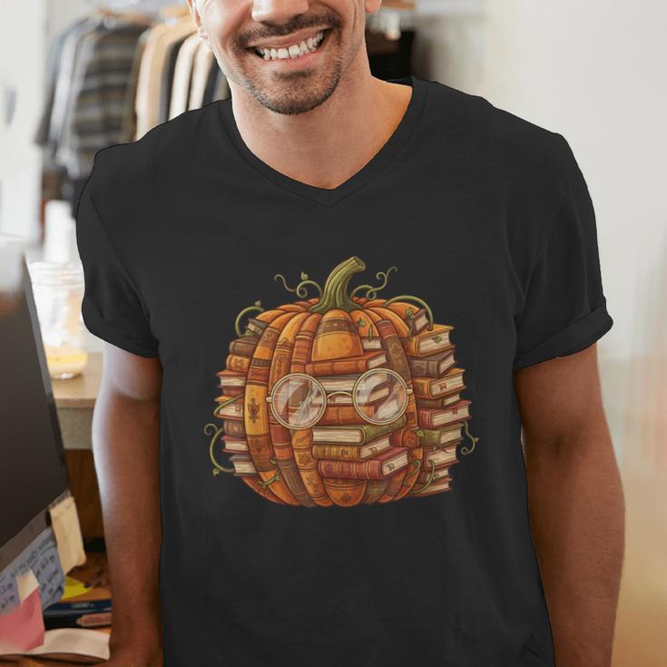 Smart Book Pumpkin Retro Fall Teacher Reading Halloween Men's V-Neck T-Shirt Smart Book Pumpkin Retro Fall Teacher Reading Halloween Men's V-Neck T-Shirt