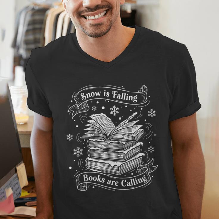 Snow Is Falling Books Are Calling Winter Reading Men's V-Neck T-Shirt Snow Is Falling Books Are Calling Winter Reading Men's V-Neck T-Shirt