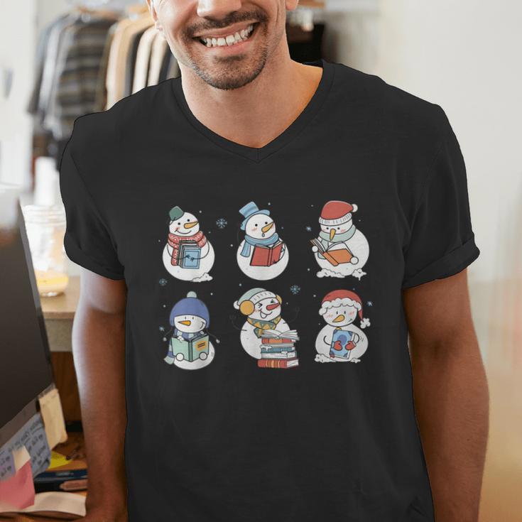 Snowman Reading Book Santa Christmas Bookish Teacher Men's V-Neck T-Shirt