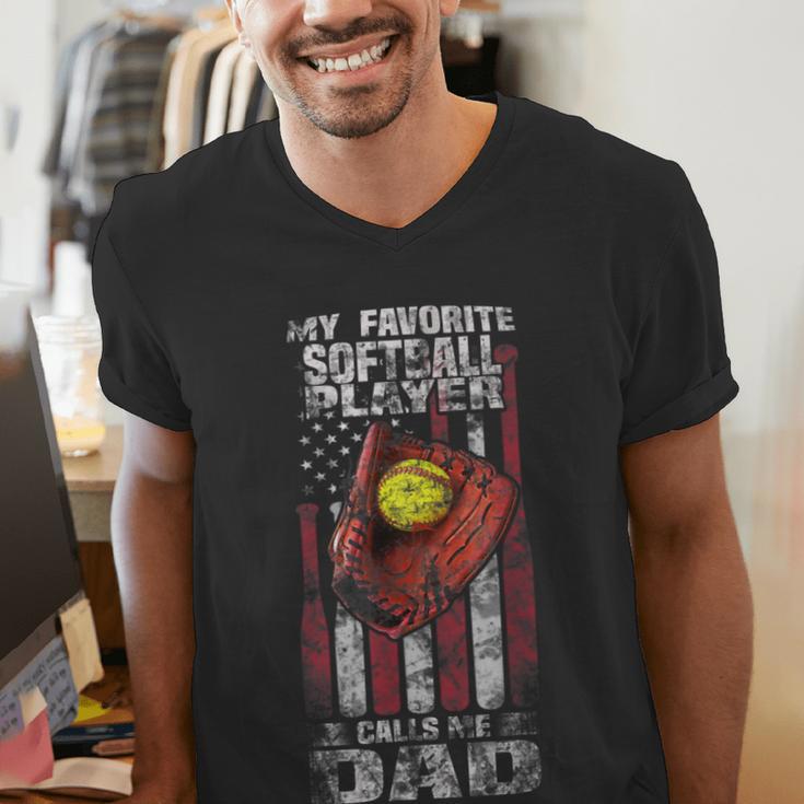 Softball Dad My Favorite Softball Player Calls Me Dad Men's V-Neck T-Shirt Softball Dad My Favorite Softball Player Calls Me Dad Men's V-Neck T-Shirt
