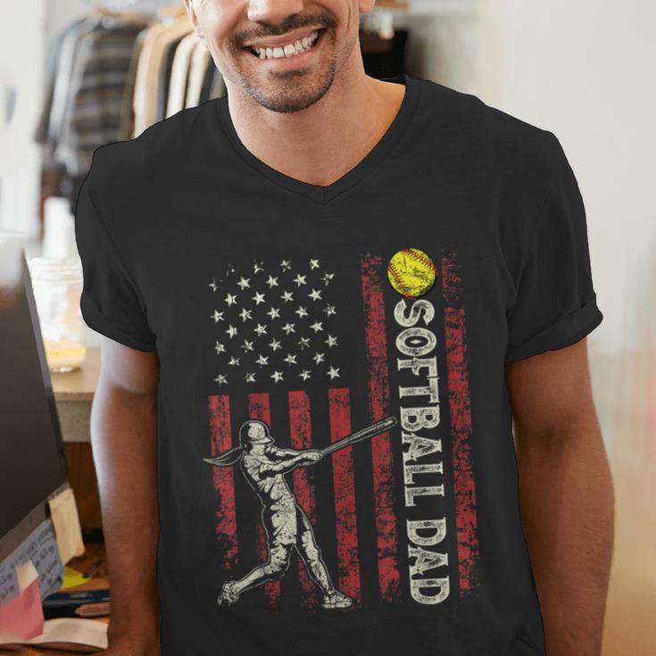 Softball Dad US Flag For Dad Men Patriotic Fathers Day Men's V-Neck T-Shirt