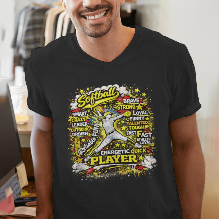 Softball Pitcher Best Traits Brave Retro Pop Comic Book Art Men's V-Neck T-Shirt