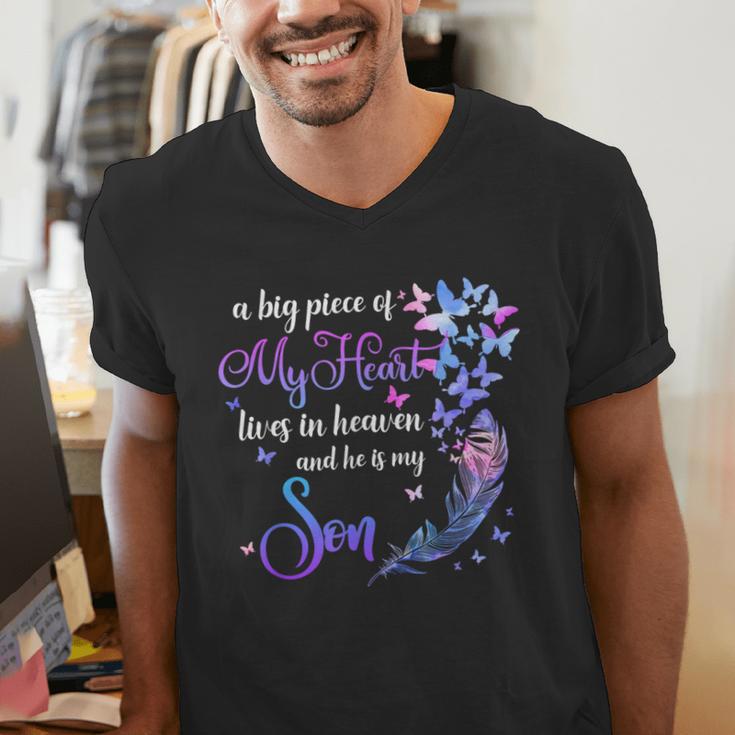 My Son Lives In Heaven Memorial Quotes Love Mom Dad Matching Men's V-Neck T-Shirt