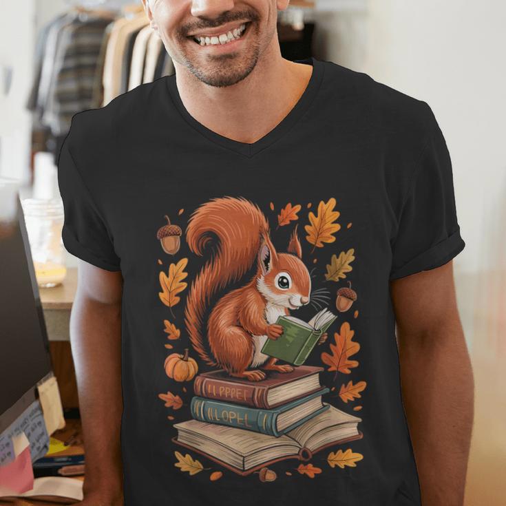 Squirrel Reading Book Lovers Fall Leaves Library Books Men's V-Neck T-Shirt Squirrel Reading Book Lovers Fall Leaves Library Books Men's V-Neck T-Shirt