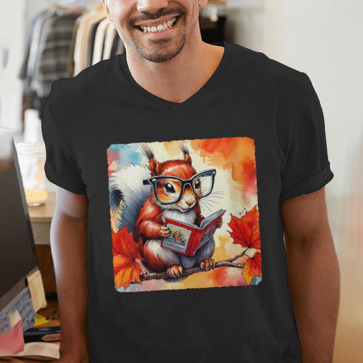 Squirrel Reading Comic Book On Autumn Branch Glasses Leaves Men's V-Neck T-Shirt Squirrel Reading Comic Book On Autumn Branch Glasses Leaves Men's V-Neck T-Shirt