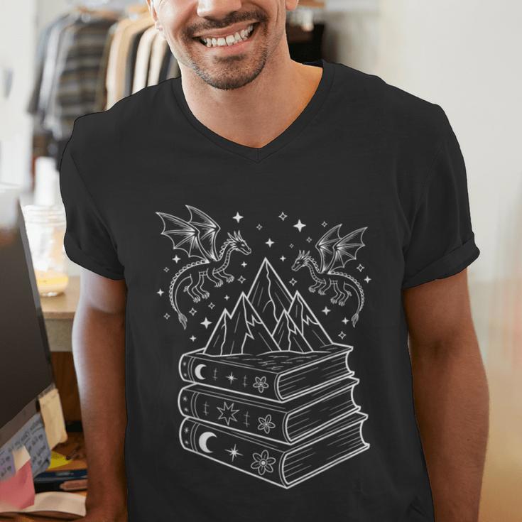 Stack Of Books And Dragons Bookworm Fantasy Books Lover Men's V-Neck T-Shirt