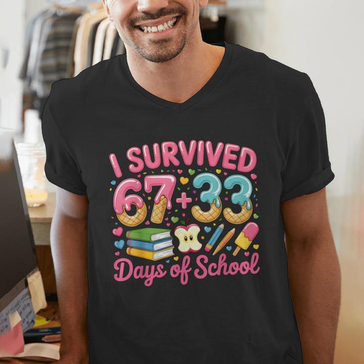 Survived 67 Days Of School Ice Cream Drip Apple Pencil Book Men's V-Neck T-Shirt Survived 67 Days Of School Ice Cream Drip Apple Pencil Book Men's V-Neck T-Shirt