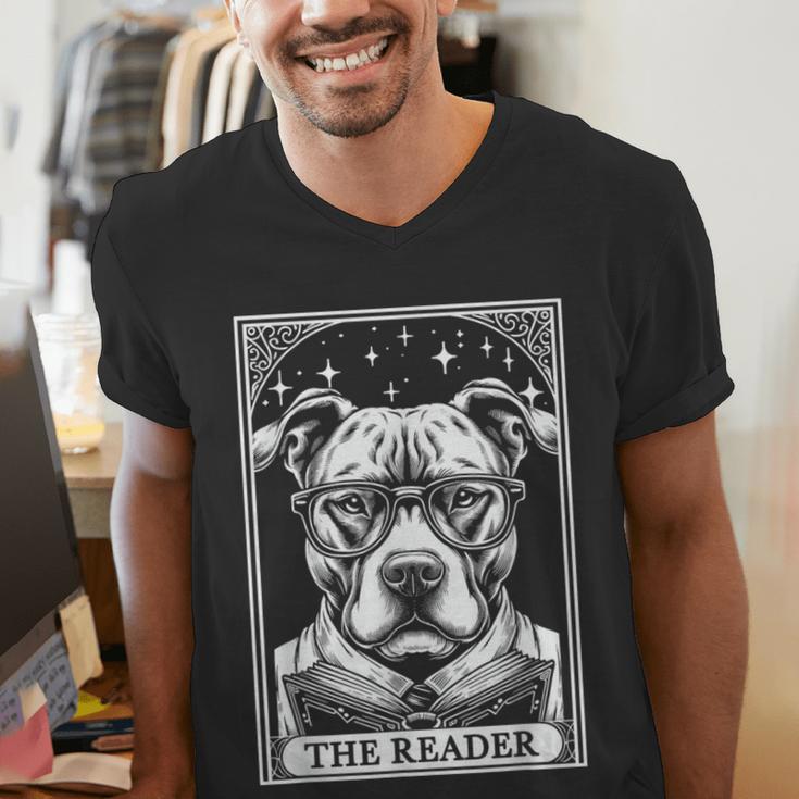 Tarot Card Vintage Pit Bull Pittie Dog Book Lover The Reader Men's V-Neck T-Shirt