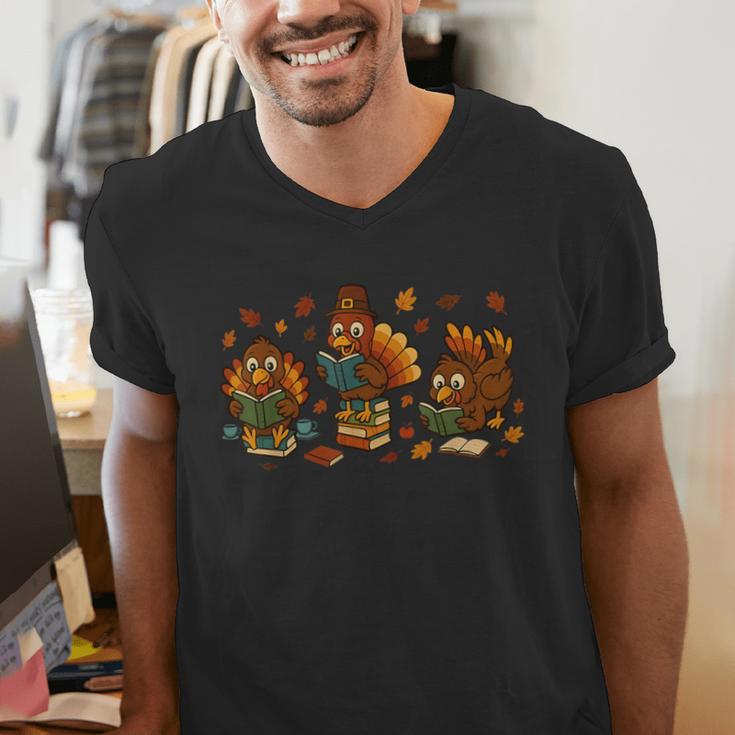 Teacher Fall Thanksgiving Turkey Reading Books Lovers Men's V-Neck T-Shirt