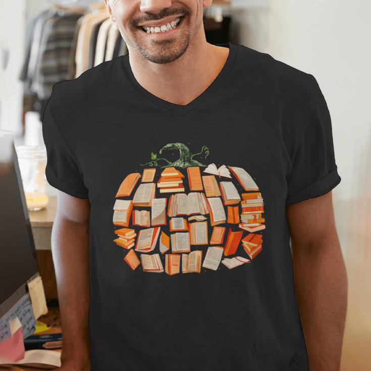 Thanksgiving Fall Books Pumpkins Vintage Library Teacher Kid Men's V-Neck T-Shirt Thanksgiving Fall Books Pumpkins Vintage Library Teacher Kid Men's V-Neck T-Shirt