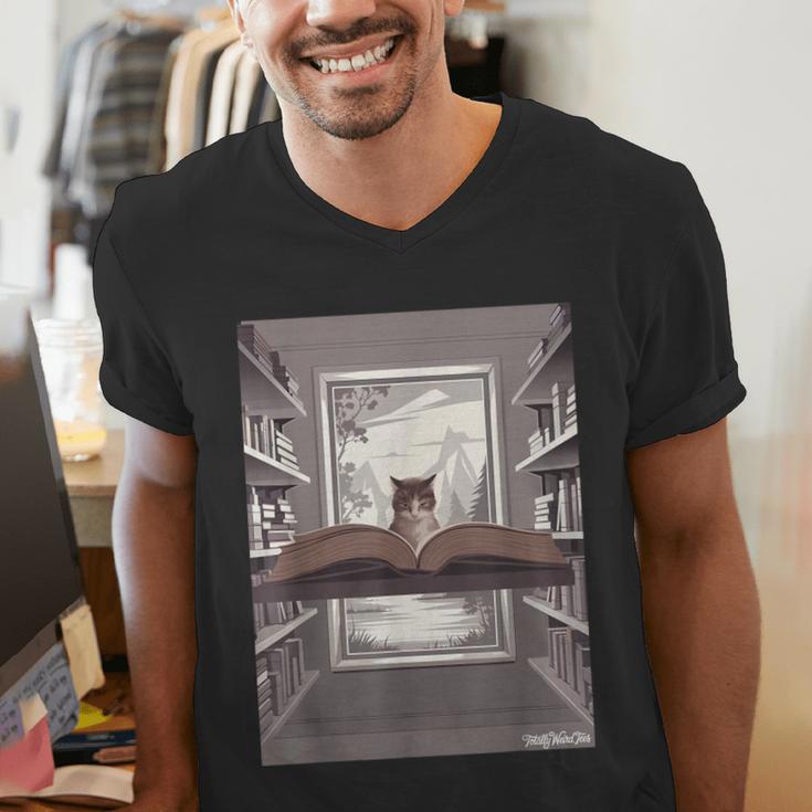 Totally Weird Tees Cat Library Book Reading Literary Men's V-Neck T-Shirt