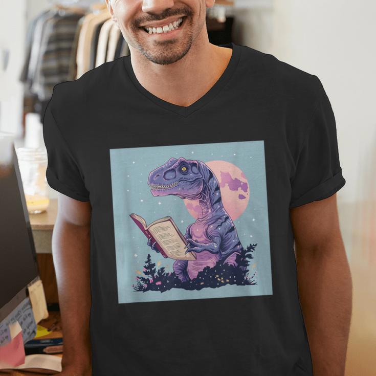 Trex Reading Book Dinosaur Men's V-Neck T-Shirt
