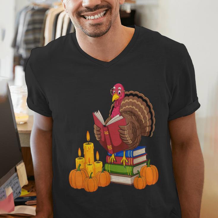 Turkey Reading Books Fall Thanksgiving Teacher Book Men's V-Neck T-Shirt Turkey Reading Books Fall Thanksgiving Teacher Book Men's V-Neck T-Shirt
