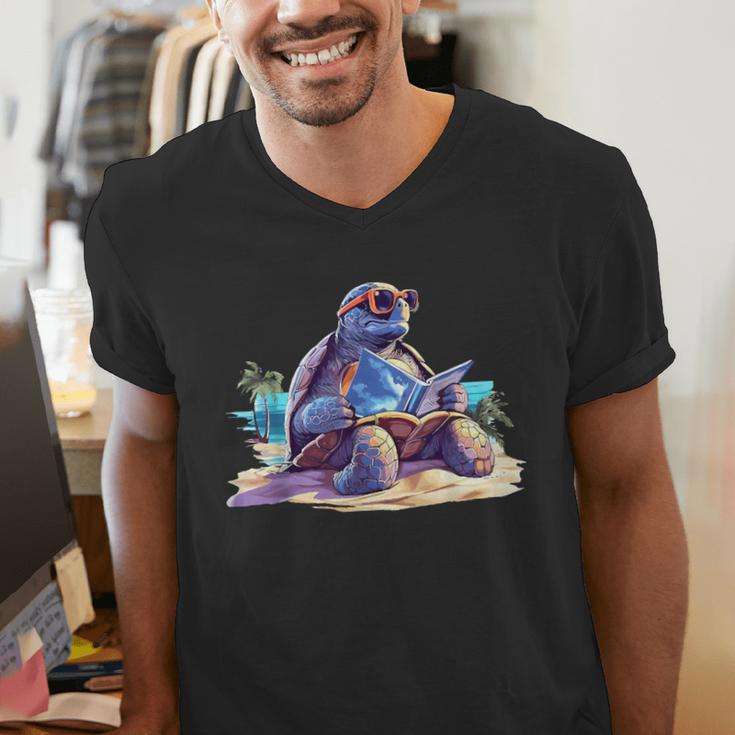 Turtle Wearing Sunglasses Reading A Book On The Beach Summer Men's V-Neck T-Shirt