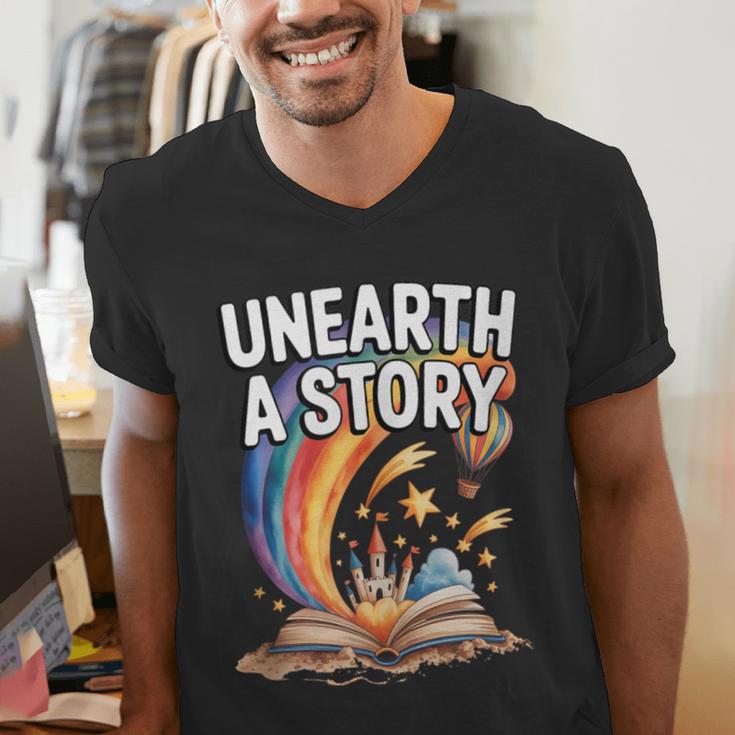 Unearth A Story Rainbow Treasure Book Men's V-Neck T-Shirt Unearth A Story Rainbow Treasure Book Men's V-Neck T-Shirt