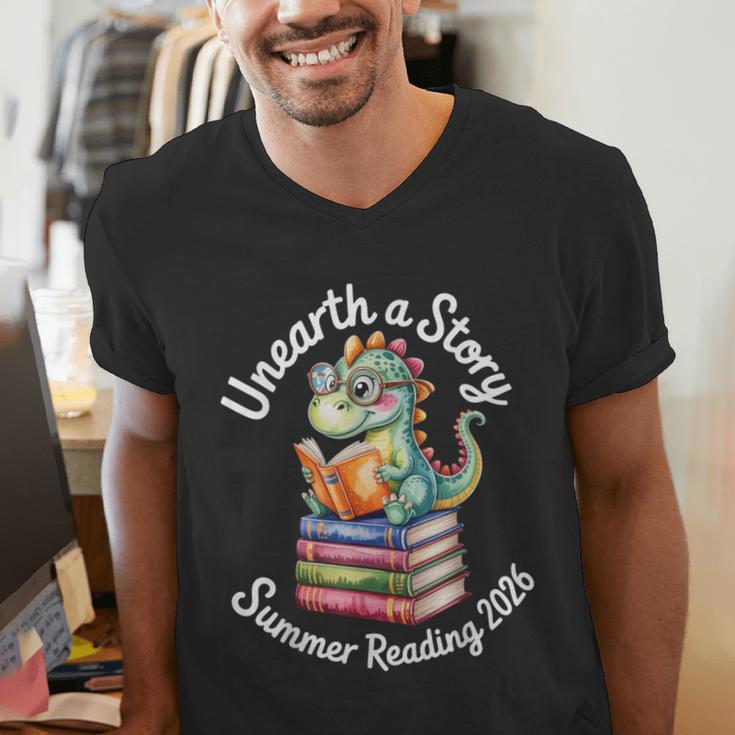 Unearth a Story Summer Reading 2026 Book Lover Dino Fun Men's V-Neck T-Shirt Unearth a Story Summer Reading 2026 Book Lover Dino Fun Men's V-Neck T-Shirt