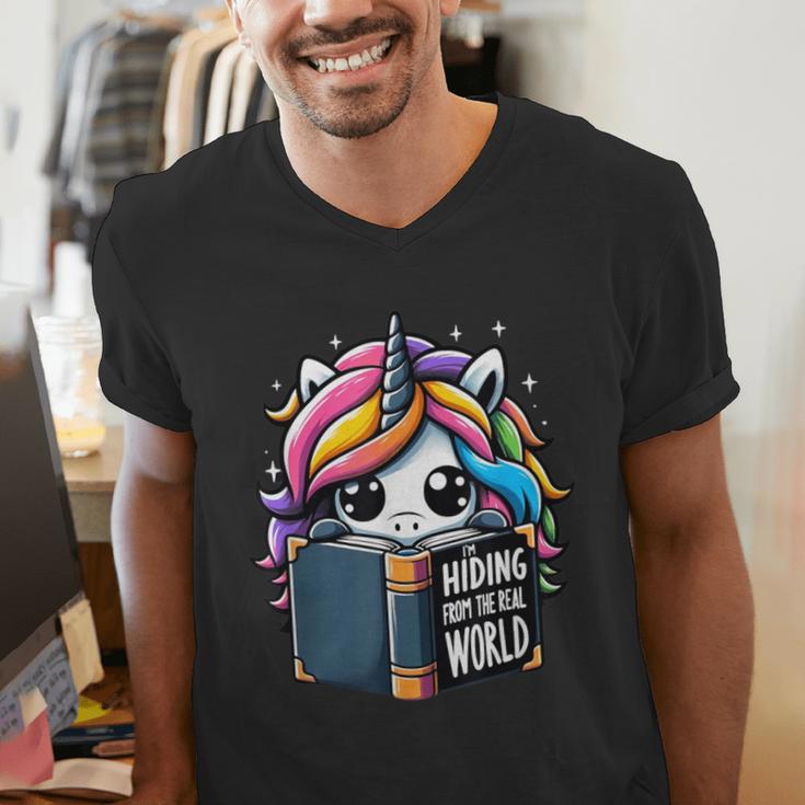 Unicorn Reading Book Reader Introvert Book Lover Humor Men's V-Neck T-Shirt Unicorn Reading Book Reader Introvert Book Lover Humor Men's V-Neck T-Shirt