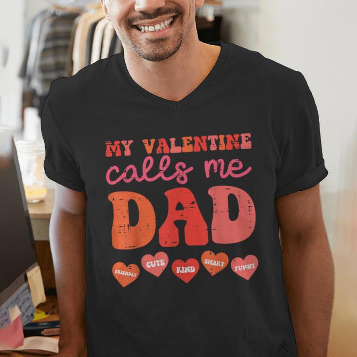 My Valentine Calls Me Dad Retro Groovy Family Daddy Papa Men Men's V-Neck T-Shirt