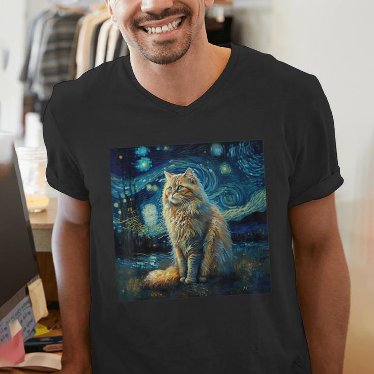 Van Gogh Starry Night Cat For Cat Lover Cat Mom And Cat Dad Men's V-Neck T-Shirt