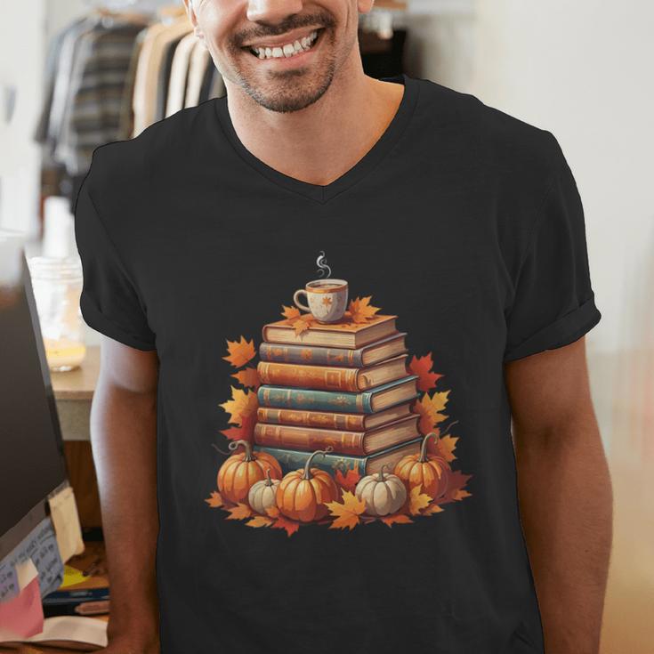 Vintage Autumn Books Pumpkin Coffee Book Lover Reading Men's V-Neck T-Shirt Vintage Autumn Books Pumpkin Coffee Book Lover Reading Men's V-Neck T-Shirt