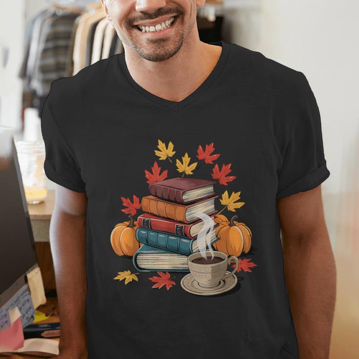 Vintage Books Tea Lovers Fall Autumn Leaves And Pumpkins Men's V-Neck T-Shirt