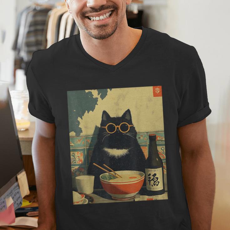 Vintage Japanese Cat Ramen Cat Dad Retro Graphic Women Men's V-Neck T-Shirt