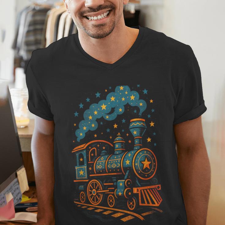 Vintage Locomotive Nostalgia Railroad Stars Men's V-Neck T-Shirt Vintage Locomotive Nostalgia Railroad Stars Men's V-Neck T-Shirt