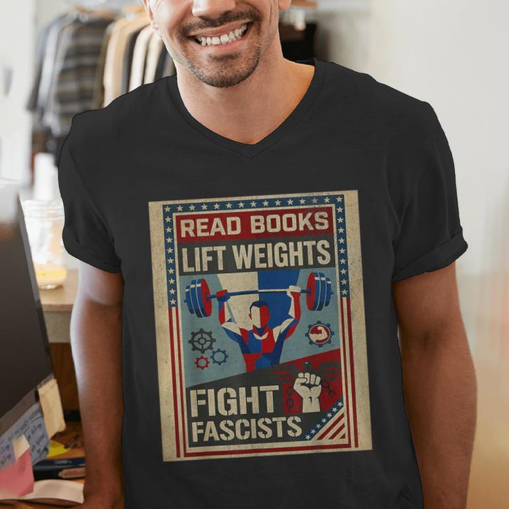 Vintage Style Read Books Lift Weights Fight Fascists Retro Men's V-Neck T-Shirt
