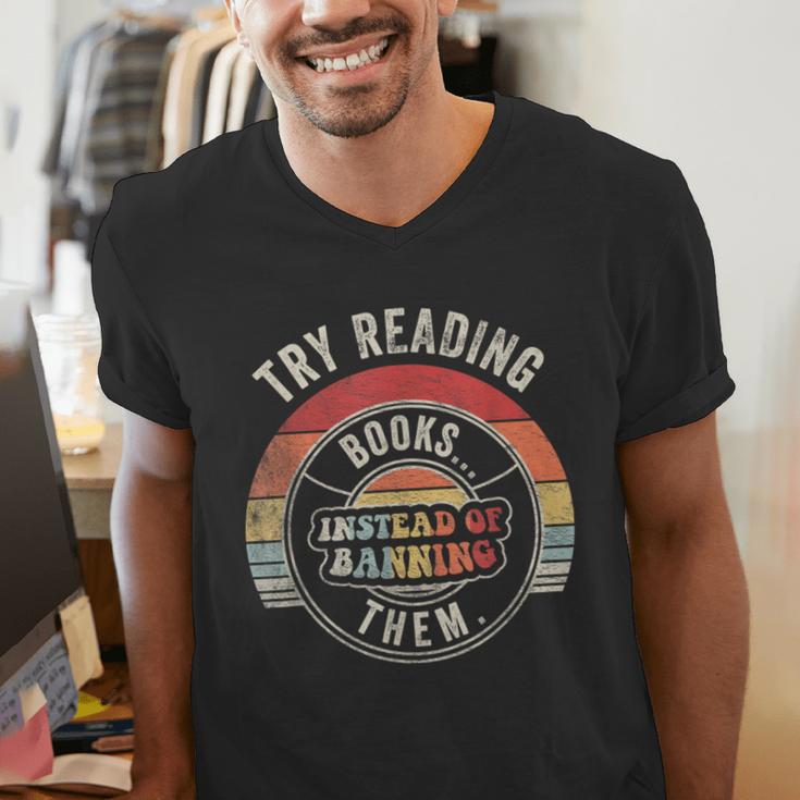 Vintage Try Reading Books Instead Of Banning Them Book Lover Men's V-Neck T-Shirt Vintage Try Reading Books Instead Of Banning Them Book Lover Men's V-Neck T-Shirt