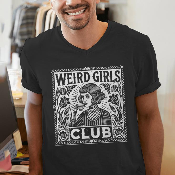 Weird Girls Club Vintage Linocut Retro Introvert Aesthetic Men's V-Neck T-Shirt