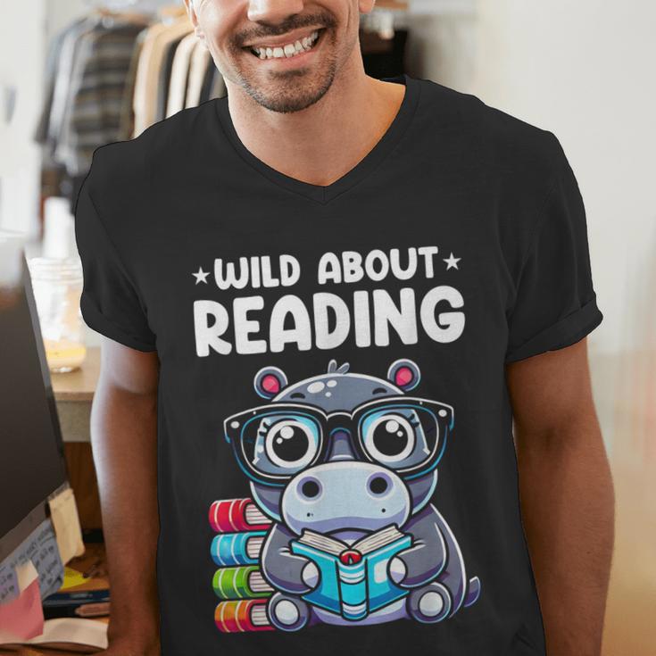 Wild About Reading Book Lover Hippo Men's V-Neck T-Shirt