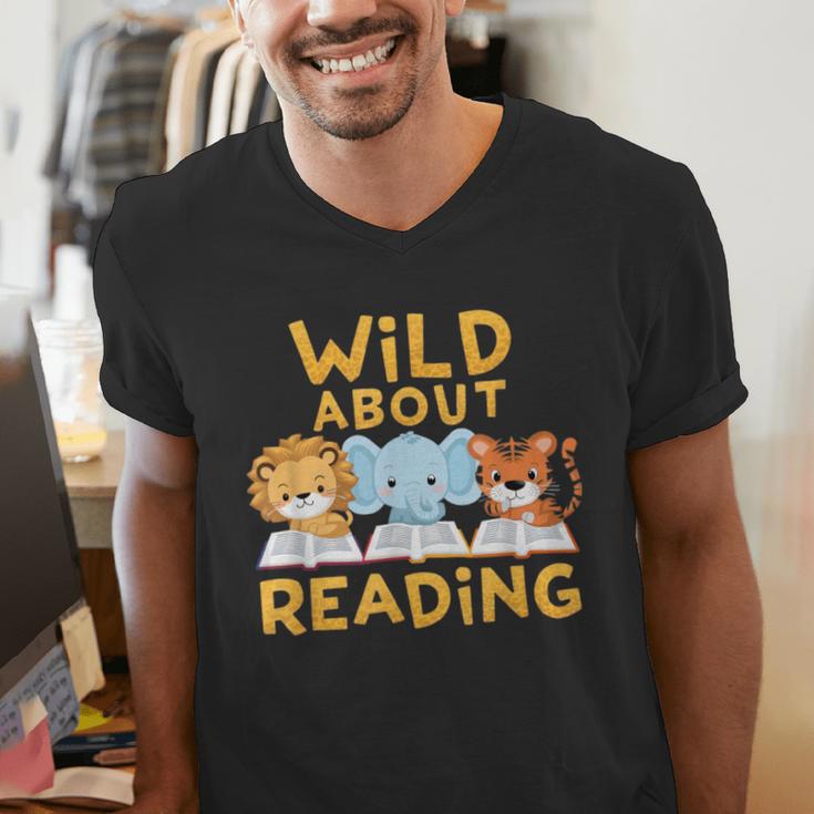 Wild About Reading Cute Animal Book Lover Kids Men's V-Neck T-Shirt Wild About Reading Cute Animal Book Lover Kids Men's V-Neck T-Shirt