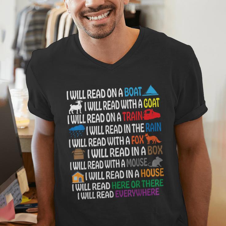 I Will Read Books On A Boat & Everywhere Reading Kids Book Men's V-Neck T-Shirt I Will Read Books On A Boat & Everywhere Reading Kids Book Men's V-Neck T-Shirt
