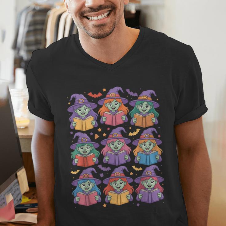 Witches Reading Books Halloween Cute Teens Kids Men's V-Neck T-Shirt Witches Reading Books Halloween Cute Teens Kids Men's V-Neck T-Shirt