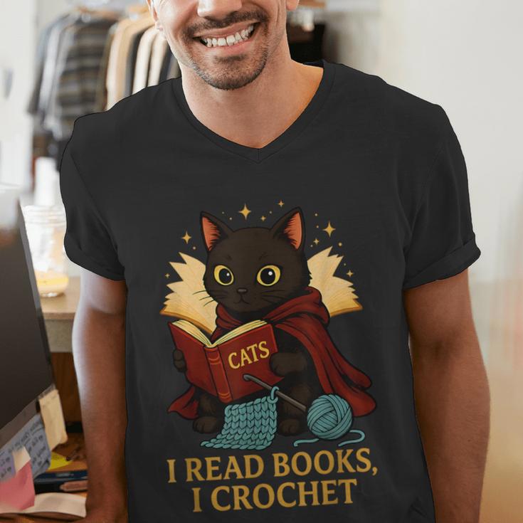 Wizard Cat Reading a Book While Crocheting Men's V-Neck T-Shirt