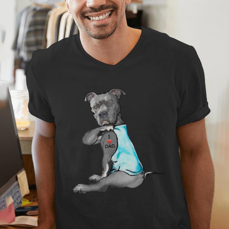 Women Dog Pitbull I Love Dad Tattoo Men's V-Neck T-Shirt