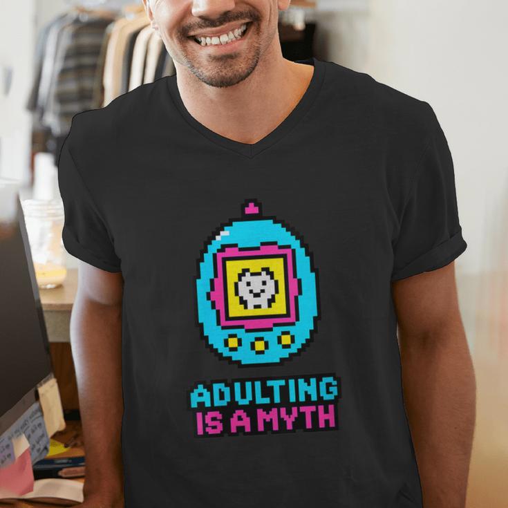 Women's Adulting Is A Myth Retro Pixel Pet Nostalgia Millennials Men's V-Neck T-Shirt