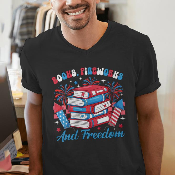 Women's Books Fireworks And Freedom Independence Day Book Lover Men's V-Neck T-Shirt Women's Books Fireworks And Freedom Independence Day Book Lover Men's V-Neck T-Shirt
