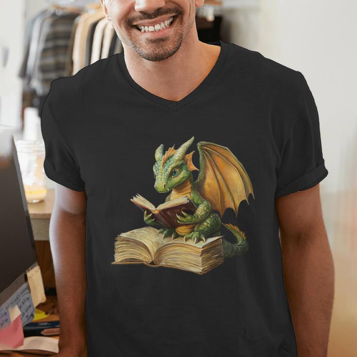 Women's Dragon Bookworm Reading Book Graphic Men's V-Neck T-Shirt Women's Dragon Bookworm Reading Book Graphic Men's V-Neck T-Shirt