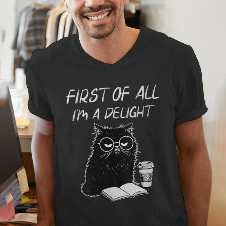 Women's First Of All I’m A Delight Cute Cat Books Coffee Humor Men's V-Neck T-Shirt