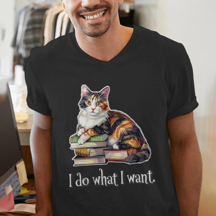 Womens Girls Books I Do What I Want Calico Cat Lover Men's V-Neck T-Shirt
