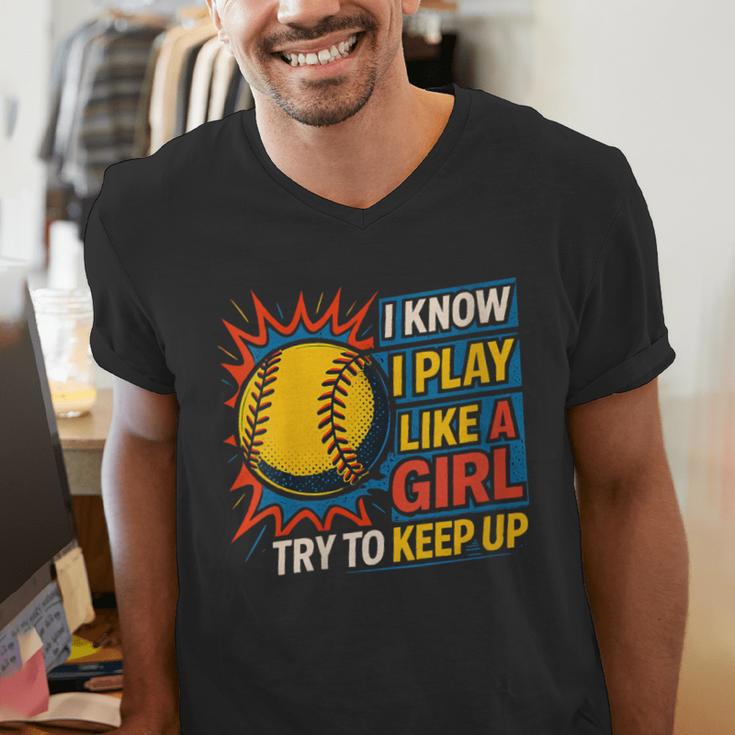 Women's Girls Softball Play Like A Girl Comic Book Pop Art Men's V-Neck T-Shirt