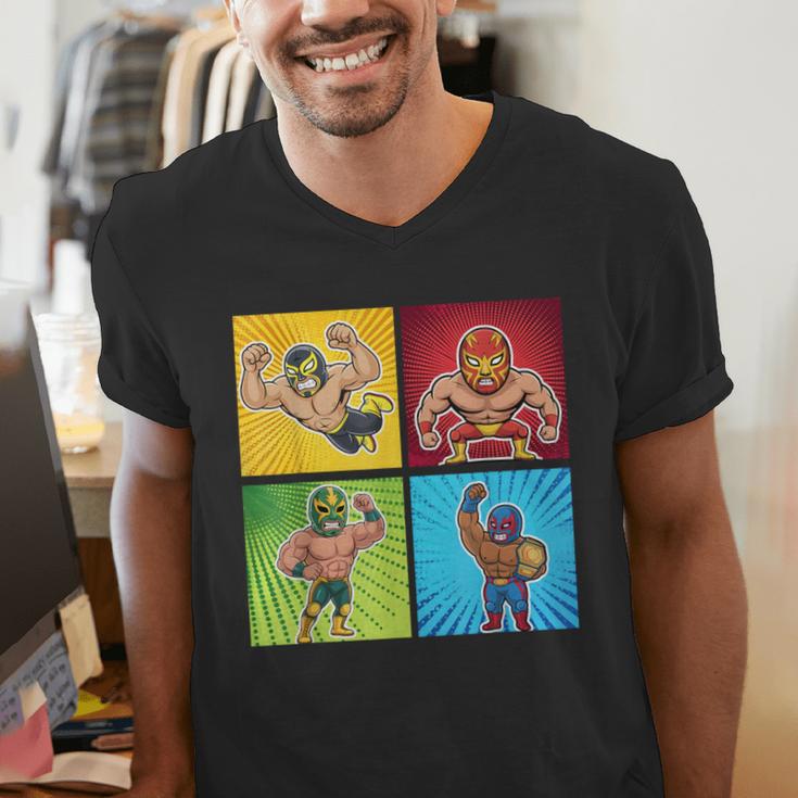 Wrestling Comic Book Wrestler Mexican Lucha Libre Mask Men's V-Neck T-Shirt Wrestling Comic Book Wrestler Mexican Lucha Libre Mask Men's V-Neck T-Shirt